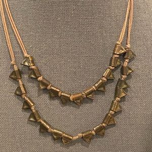 Double strand necklace with aged brass geometric metal beads 15”-17”